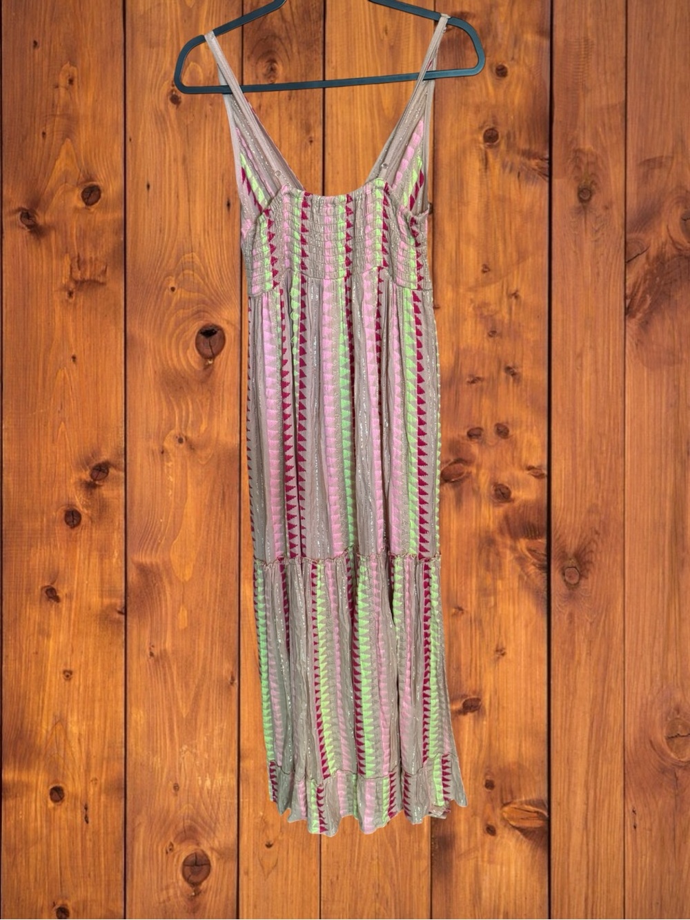 Gold & Silver Boho Chevron Maxi Dress - Metallic Striped Tassel Sundress Small - Picture 5 of 14